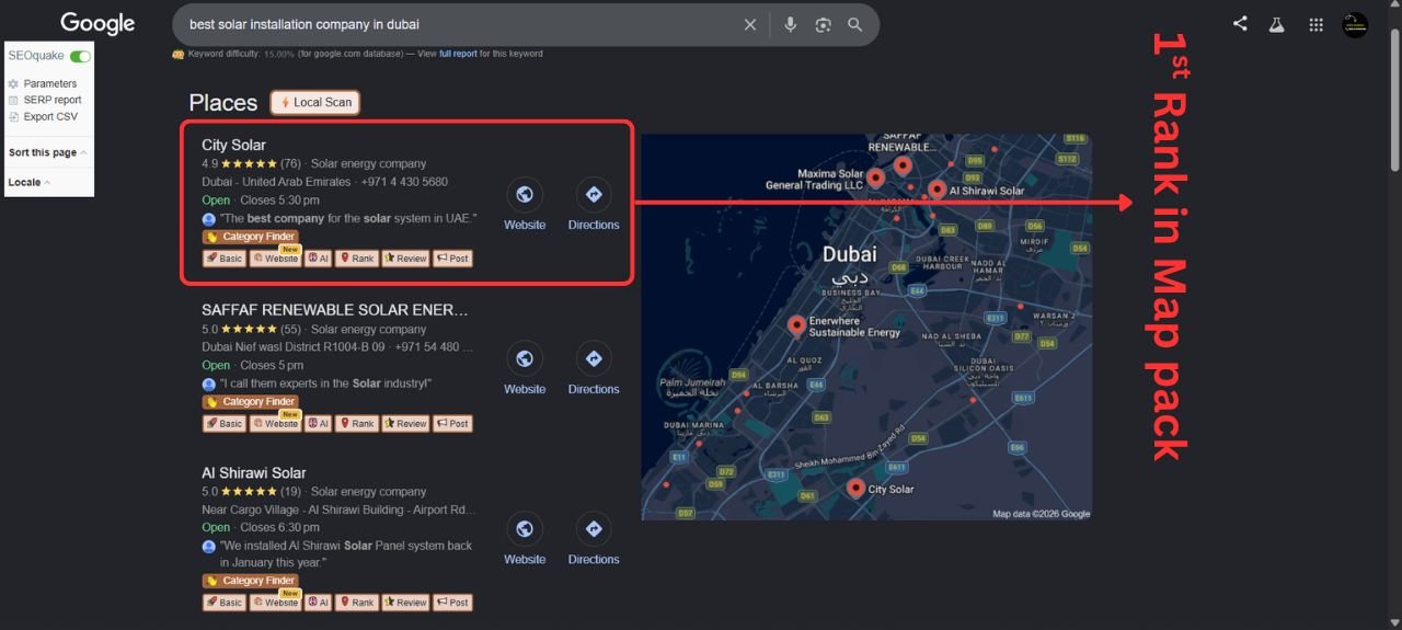 Client ranking number 1 in the Google Map Pack for best solar installation company in Dubai